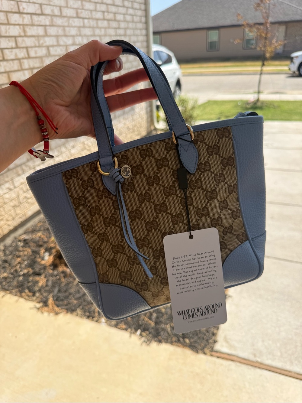 Gucci Monogram Tote with Light Blue Leather Trim